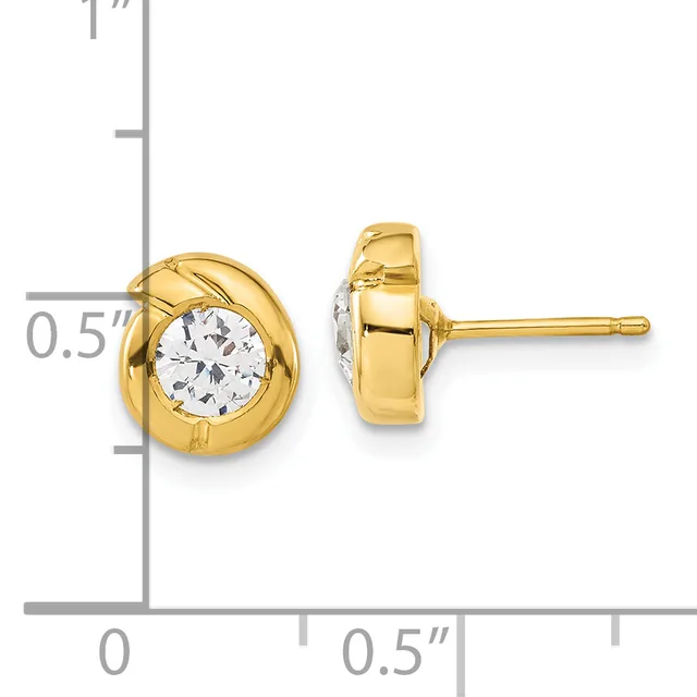 Pair of yellow gold stud earrings with round white cubic zirconia stones set in curved bezels, shown front and side view with measurement scale.