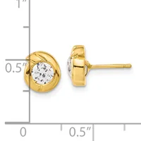 Pair of yellow gold stud earrings with round white cubic zirconia stones set in curved bezels, shown front and side view with measurement scale.
