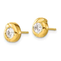 Pair of gold stud earrings with oval-shaped white gemstones set in rounded gold bezels on posts with backs.