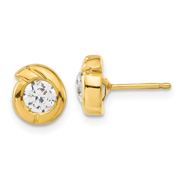 Pair of gold stud earrings with polished curved gold bezels holding round white cubic zirconia stones, shown from front and back views.