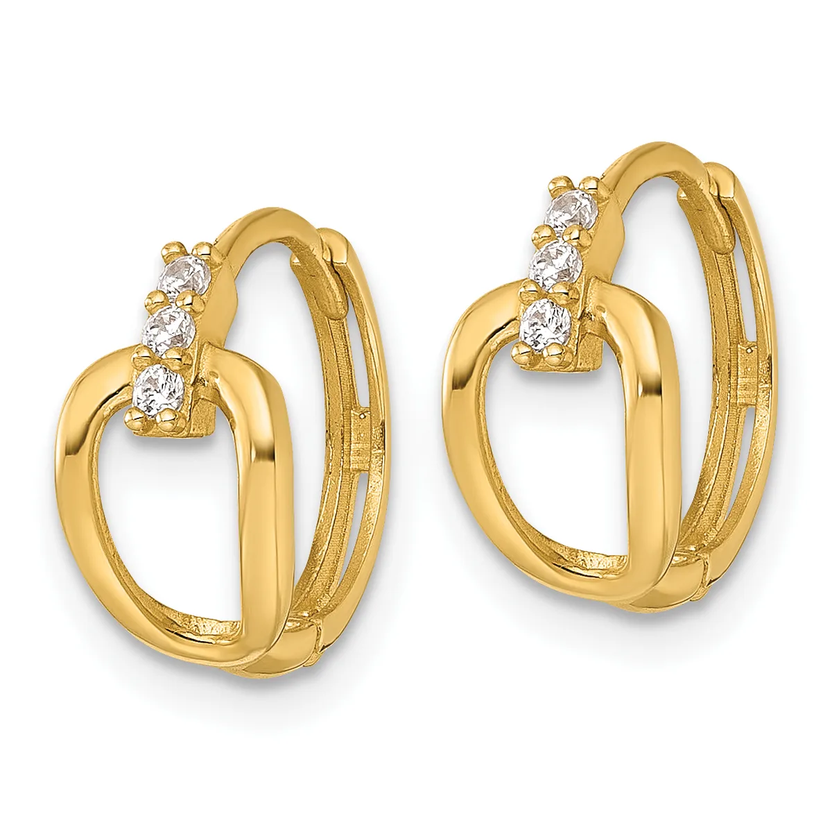 A pair of gold hoop earrings with cubic zirconia stones arranged in a vertical line across the top of each hoop.