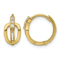 Pair of gold hoop earrings with diamond accents on the top, shown from front and back views.