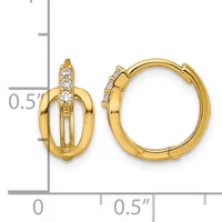 Pair of gold-toned huggie hoop earrings with cubic zirconia stones along the top, shown with a measurement scale indicating approximately half-inch diameter.