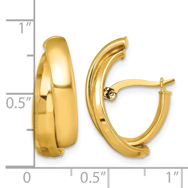 A pair of polished gold hoop earrings with a chunky curved design, shown next to a ruler displaying dimensions of approximately one inch tall and half an inch wide.