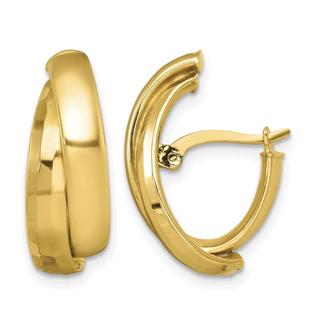 Pair of polished gold-toned chunky curved hoop earrings with posts and backs, shown from front and side angles.