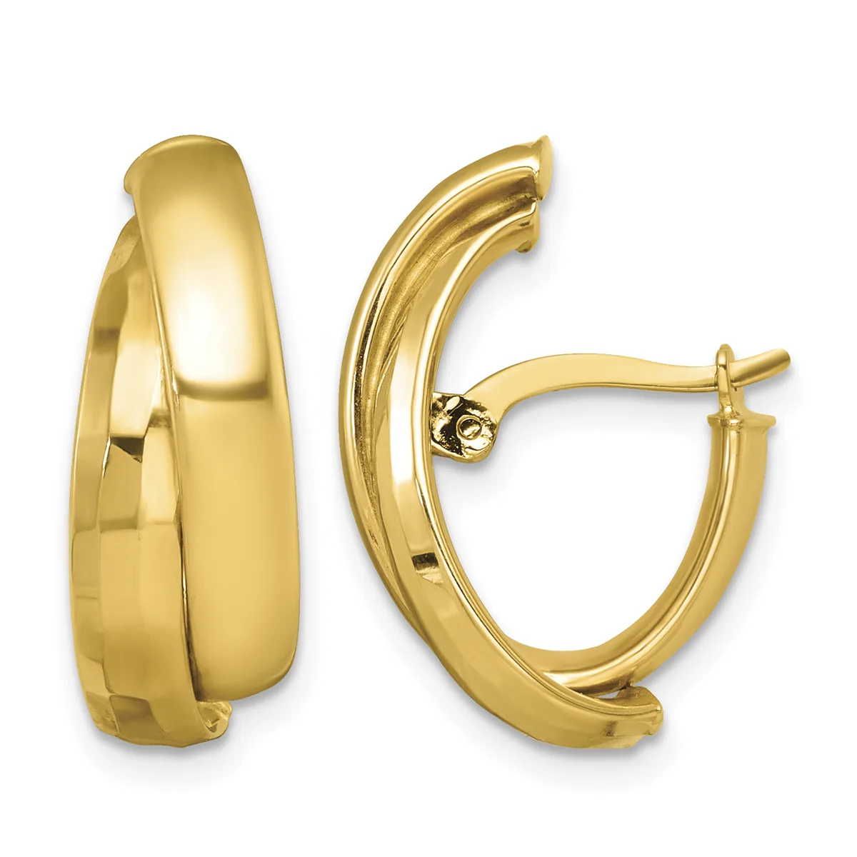 Pair of polished gold-toned chunky curved hoop earrings with posts and backs, shown from front and side angles.