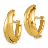 Pair of polished gold curved hoop earrings with posts and backs, displayed against a white background.