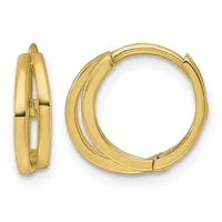 A pair of polished gold-colored hollow hoop earrings with a hinged closure, shown from front and side views.