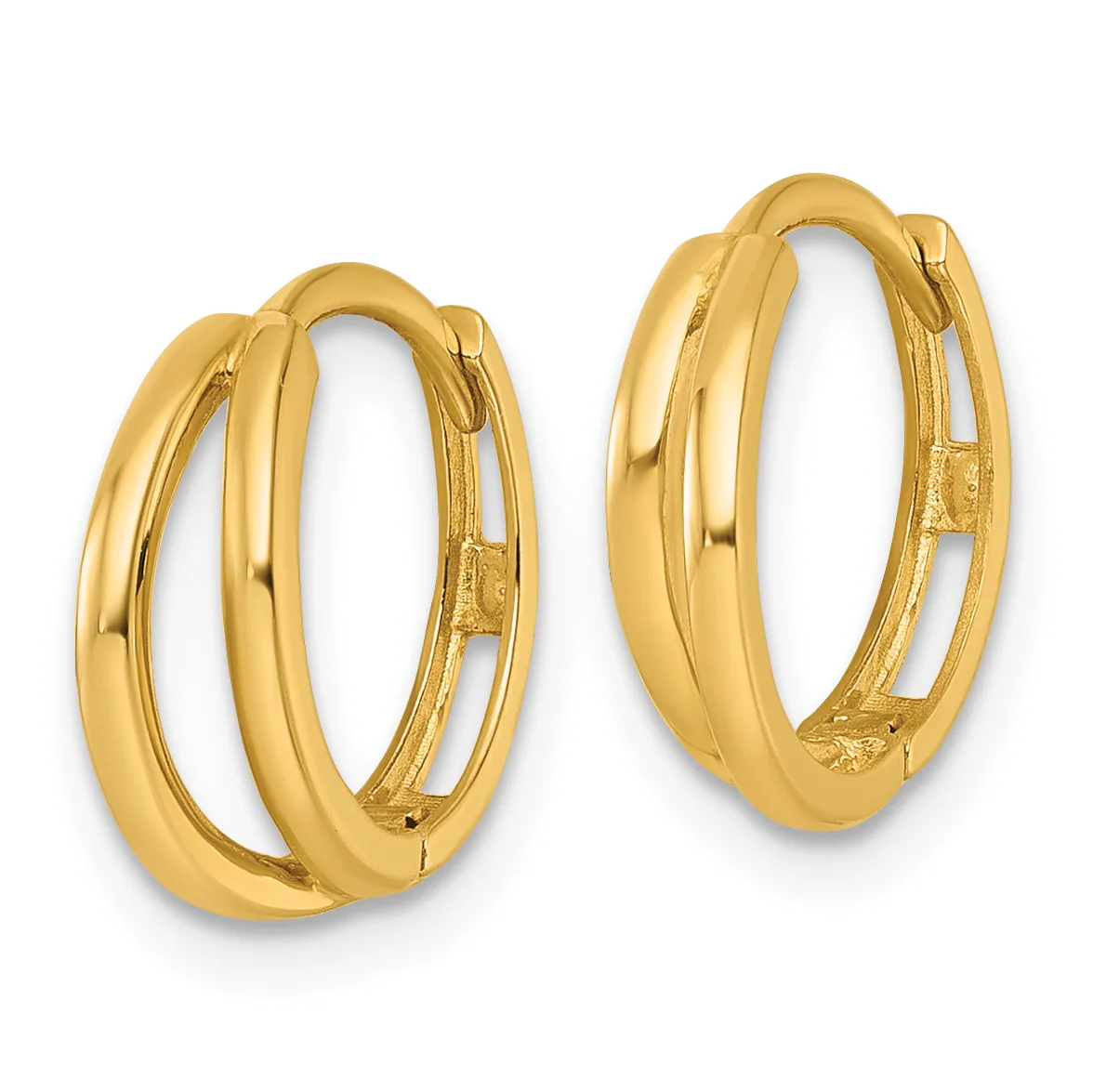 A pair of polished gold-colored hoop earrings with a double-loop design and hinged closures, shown from a three-quarter view.
