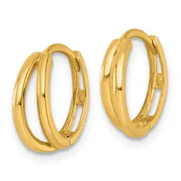 A pair of polished gold-colored hoop earrings with a double-loop design and hinged closures, shown from a three-quarter view.