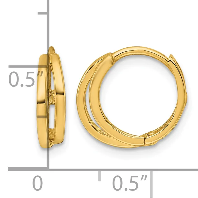A pair of polished gold hoop earrings with a hinged closure, shown from front and side views with measurement scale indicating approximately 0.5 inches in diameter.
