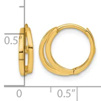 A pair of polished gold hoop earrings with a hinged closure, shown from front and side views with measurement scale indicating approximately 0.5 inches in diameter.