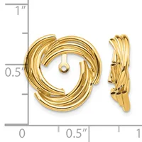 Two gold-colored twisted spiral earrings shown from front and side views against a measurement ruler indicating approximately one inch in height.