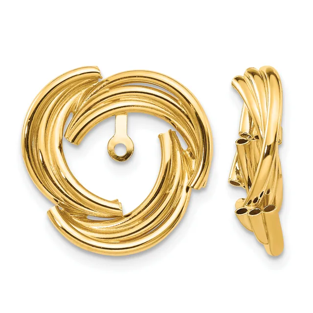 A pair of gold twisted hoop earrings shown from front and side views, featuring a swirled textured design with post and clutch backings.