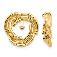 A pair of gold twisted hoop earrings shown from front and side views, featuring a swirled textured design with post and clutch backings.
