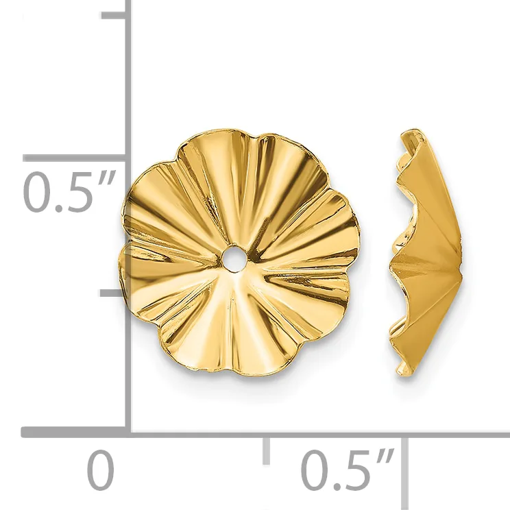 Gold flower-shaped earring jackets displayed front and side view against a measurement scale showing approximately 0.5 inches in diameter.