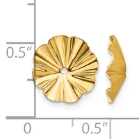 Gold flower-shaped earring jackets displayed front and side view against a measurement scale showing approximately 0.5 inches in diameter.