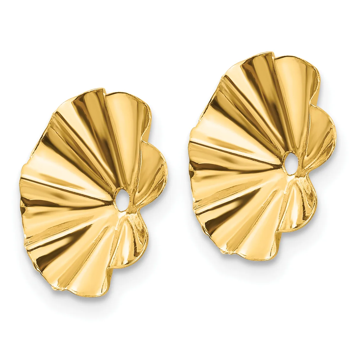 A pair of gold shell-shaped earrings with radiating ridged texture and post backs, displayed against a white background.