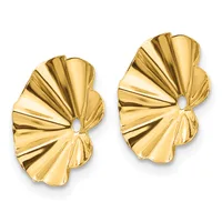 A pair of gold shell-shaped earrings with radiating ridged texture and post backs, displayed against a white background.