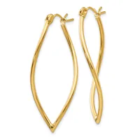 Pair of gold-toned hoop earrings with pointed oval shapes, displayed against a white background.