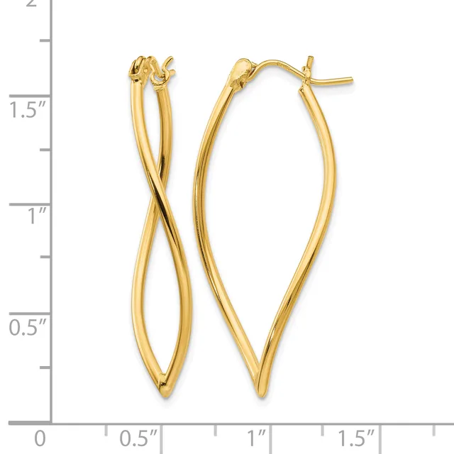 Gold-colored twisted oval hoop earrings with post and clutch backs, displayed against a measurement scale showing approximately 1.5 inches in length.