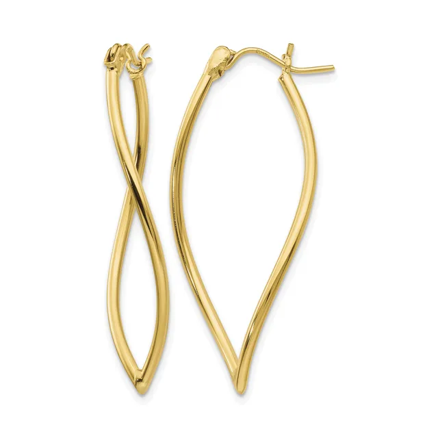 A pair of gold twisted hoop earrings with post and clutch closures, shown against a white background.