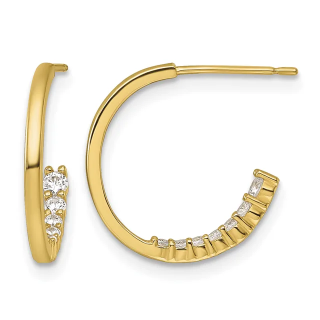 A pair of gold hoop earrings, one plain and polished, the other featuring a row of round diamond accents along the curved surface.