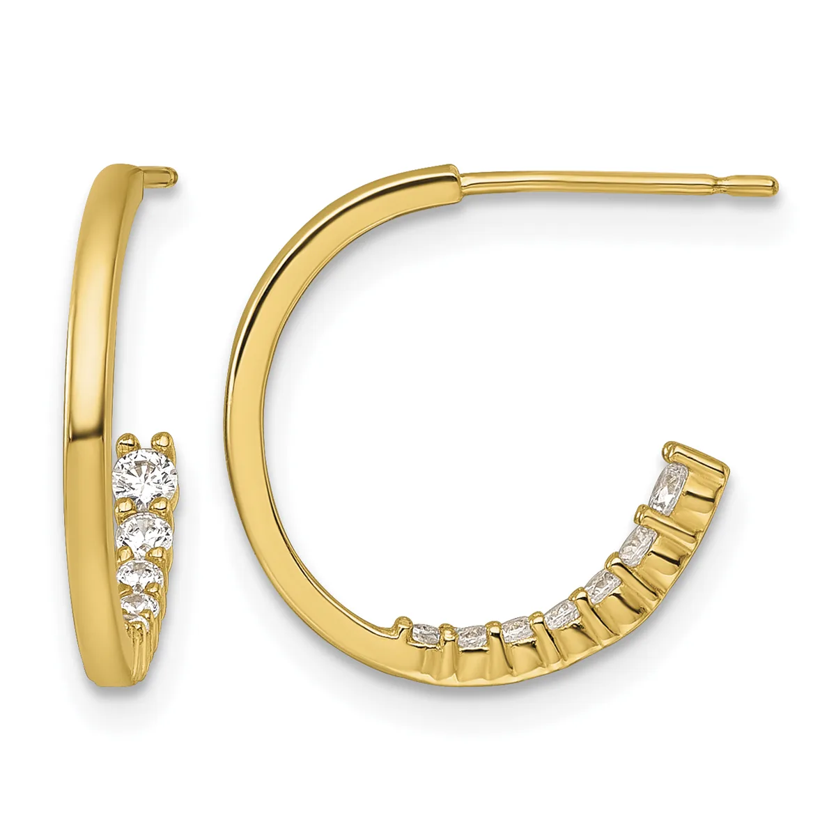 A pair of gold hoop earrings, one plain and polished, the other featuring a row of round diamond accents along the curved surface.