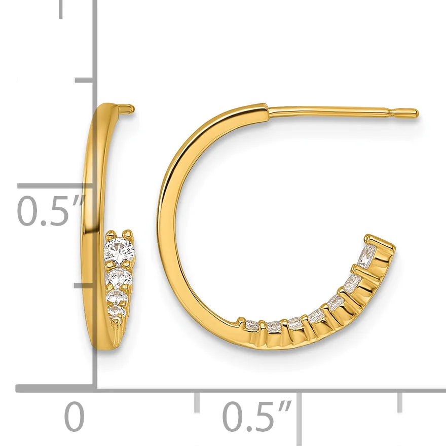 Pair of gold hoop earrings with cubic zirconia stones set along the bottom, displayed against a measurement scale showing approximately 0.5 inches in length.