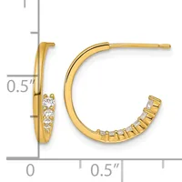 Pair of gold hoop earrings with cubic zirconia stones set along the bottom, displayed against a measurement scale showing approximately 0.5 inches in length.