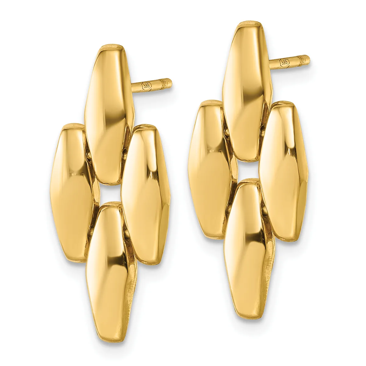 Pair of polished gold-toned chunky oval link chandelier earrings with post and back closures shown against a white background.