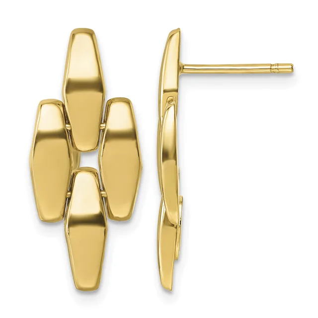 Polished gold earrings with five connected rectangular panels arranged in a cross pattern, shown from front and side views.