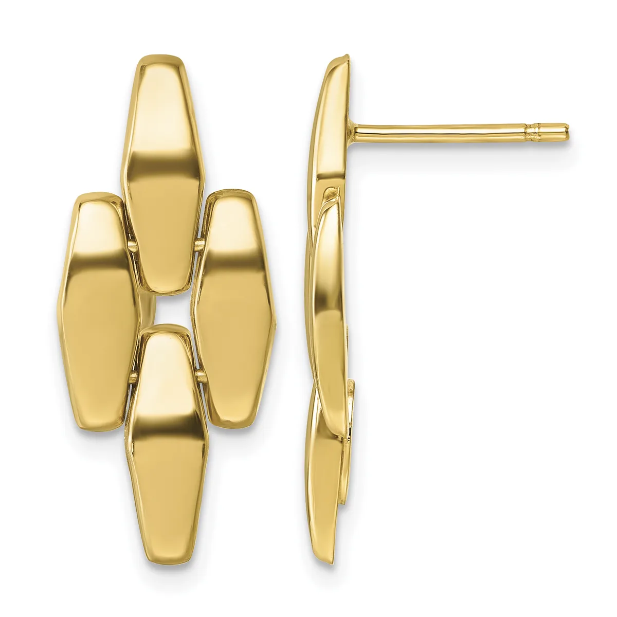 Polished gold earrings with five connected rectangular panels arranged in a cross pattern, shown from front and side views.