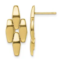 Polished gold earrings with five connected rectangular panels arranged in a cross pattern, shown from front and side views.