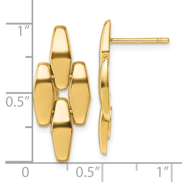 Pair of gold stud earrings with four connected polished bar-shaped sections arranged in a clustered pattern, shown front and side view against a measurement scale.