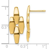 Pair of gold stud earrings with four connected polished bar-shaped sections arranged in a clustered pattern, shown front and side view against a measurement scale.
