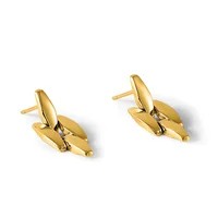 A pair of gold banana-shaped stud earrings with polished finish displayed against a white background.