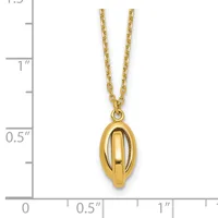 Gold-toned oval pendant necklace with a polished finish, shown next to a ruler indicating the pendant is approximately half an inch wide and three-quarters of an inch tall.