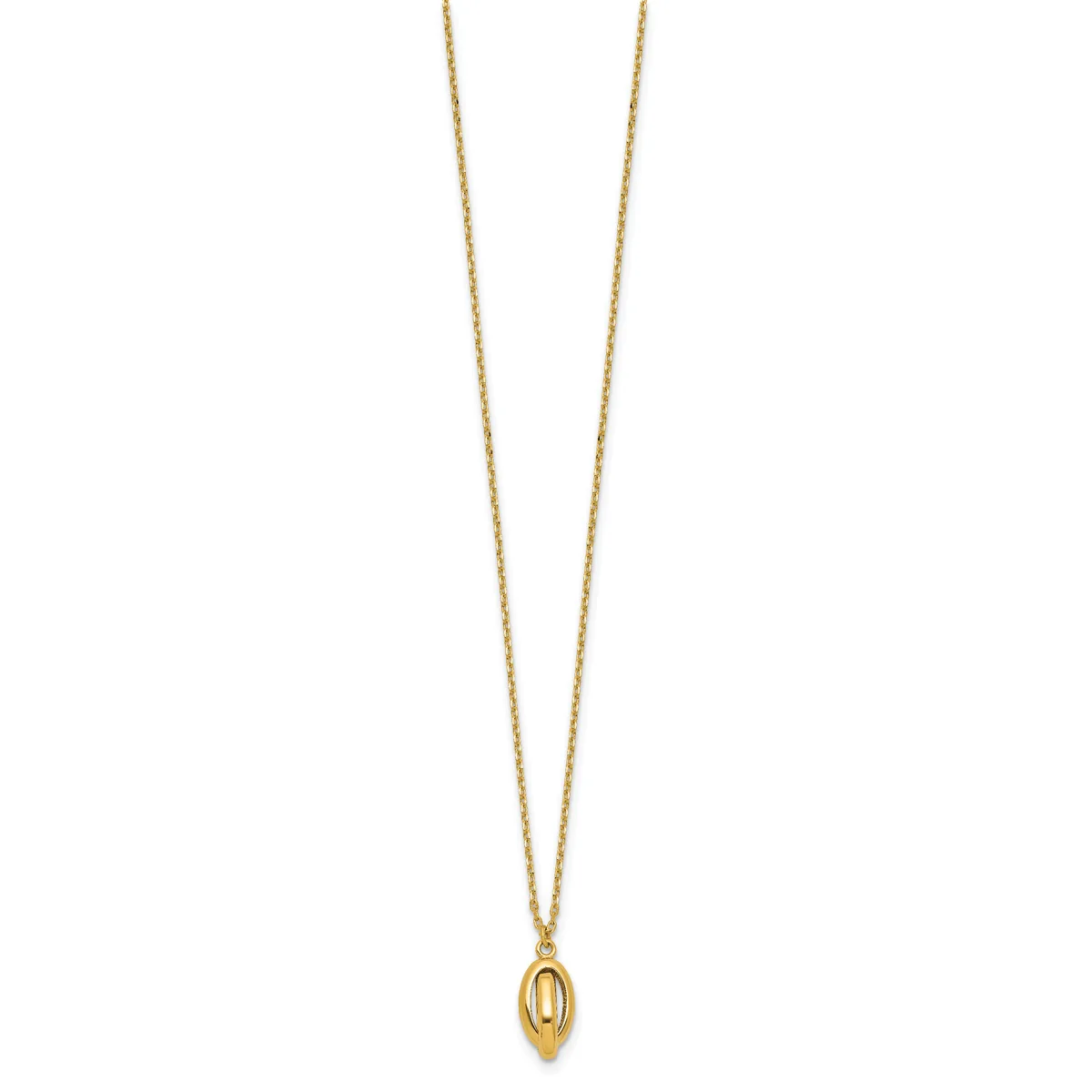 A gold chain necklace with a small oval pendant featuring concentric circular designs, displayed against a white background.