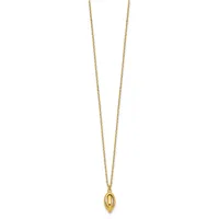 A gold chain necklace with a small oval pendant featuring concentric circular designs, displayed against a white background.