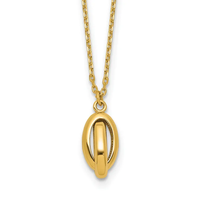 Gold-toned chain necklace with an oval pendant featuring a polished inner oval suspended within an open outer oval frame.