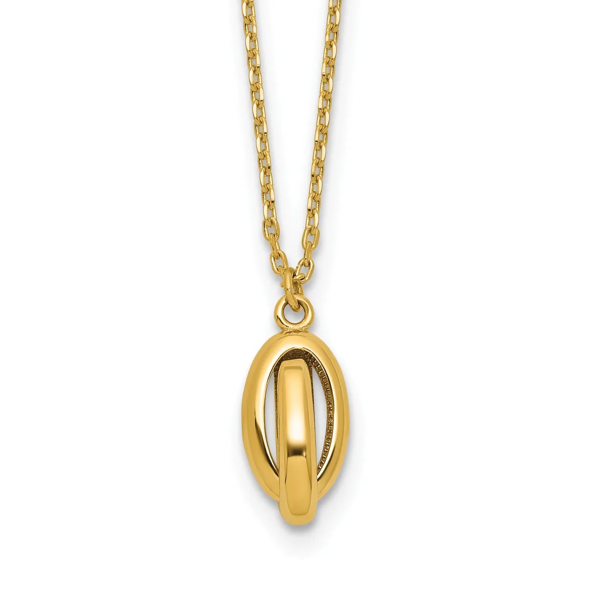 Gold-toned chain necklace with an oval pendant featuring a polished inner oval suspended within an open outer oval frame.