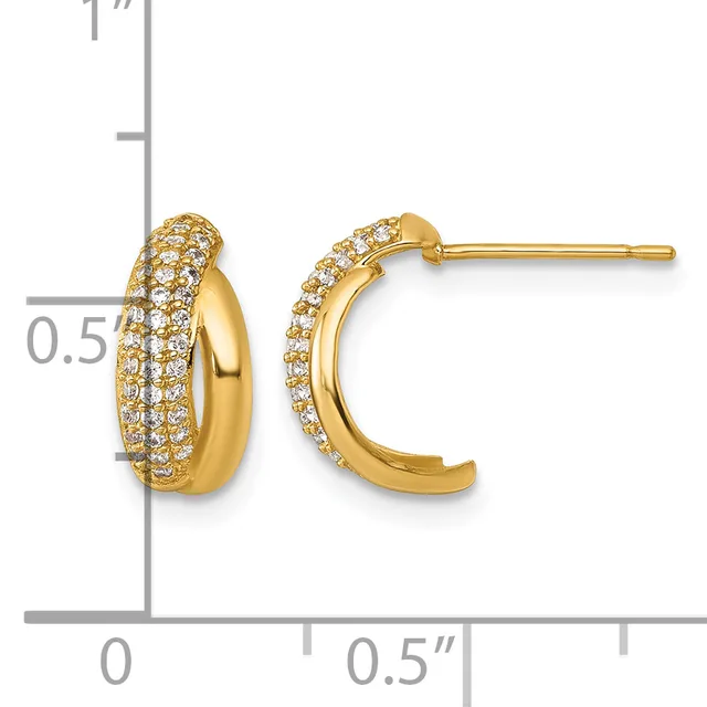 Pair of gold hoop earrings with pave diamond settings shown next to a ruler indicating approximately 0.5 inches in width.
