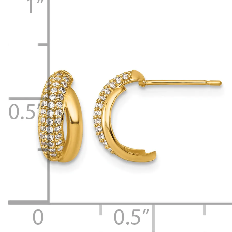 Pair of gold hoop earrings with pave diamond settings shown next to a ruler indicating approximately 0.5 inches in width.