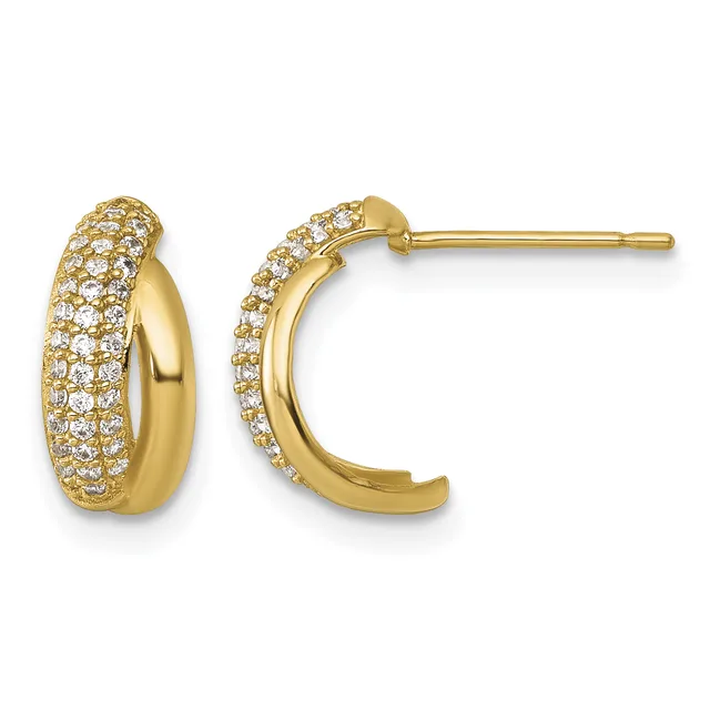 A pair of gold hoop earrings with pave-set cubic zirconia stones covering the outer surface, shown from front and side angles against a white background.