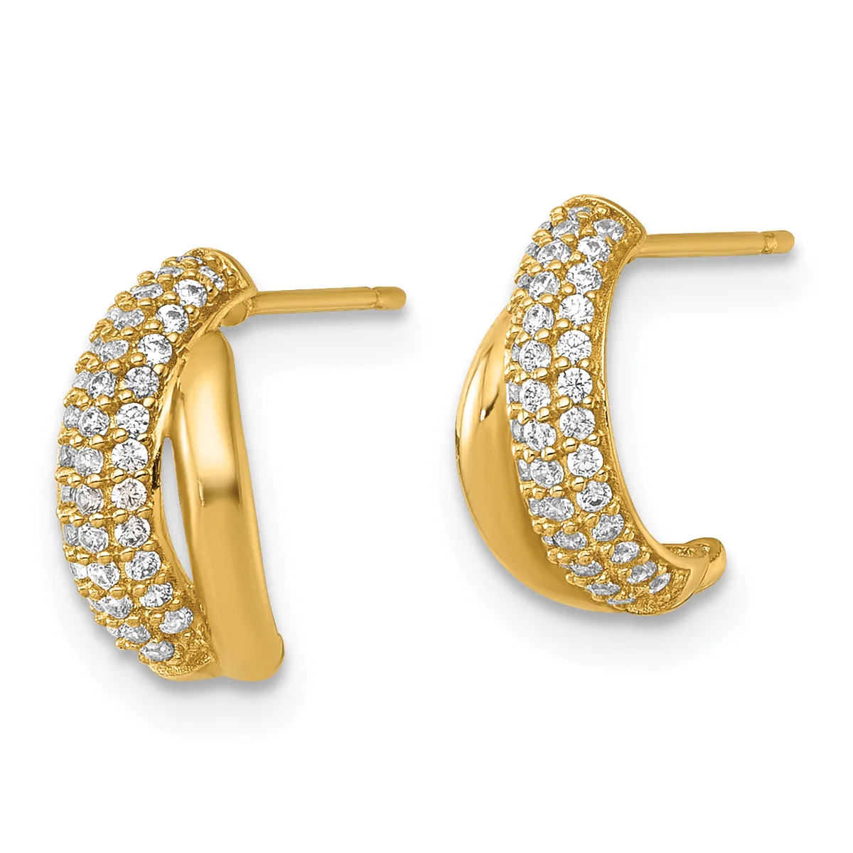 A pair of gold hoop earrings with curved J-shaped designs, densely set with small round diamonds across the outer surface, shown from the front against a white background.