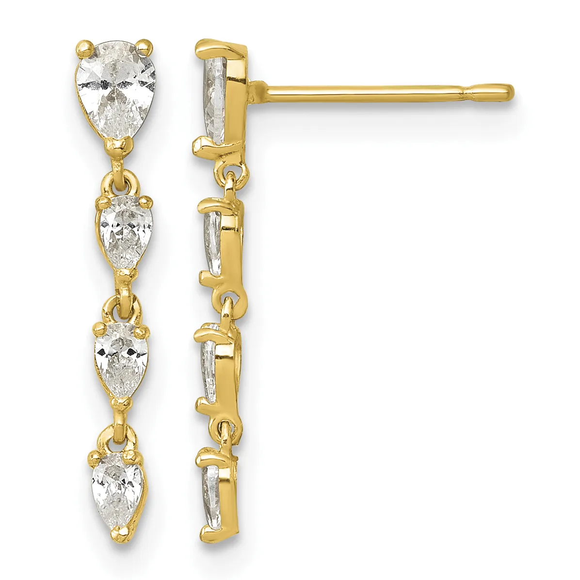 Gold drop earrings with four pear-shaped cubic zirconia stones arranged vertically on each earring, shown from front and back views.