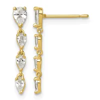 Gold drop earrings with four pear-shaped cubic zirconia stones arranged vertically on each earring, shown from front and back views.