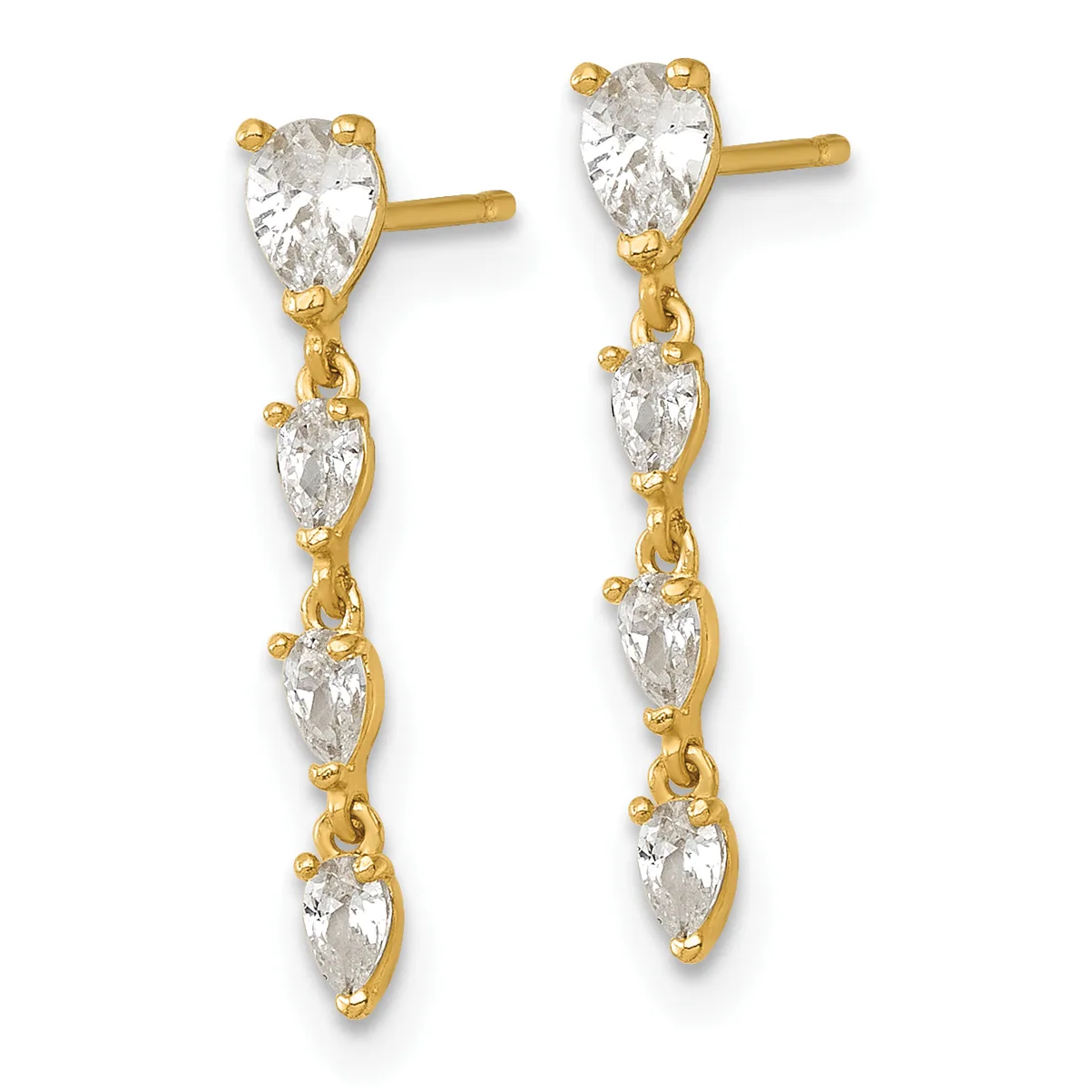 Pair of gold drop earrings with marquise-cut cubic zirconia stones arranged in a cascading line, shown from the front.