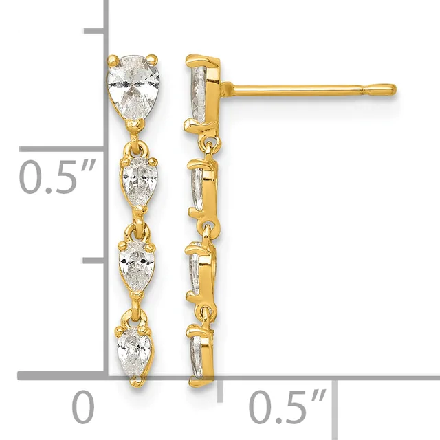Gold drop earrings with four pear-shaped diamonds arranged vertically on each earring, shown with a measurement scale indicating approximately 0.5 inches in length.
